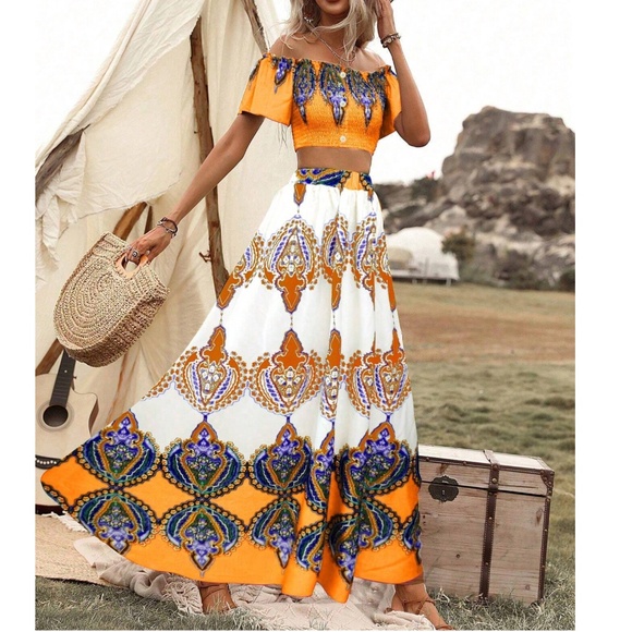 Boho Tribal Print Cropped Top Maxi Skirt Set - Picture 12 of 14